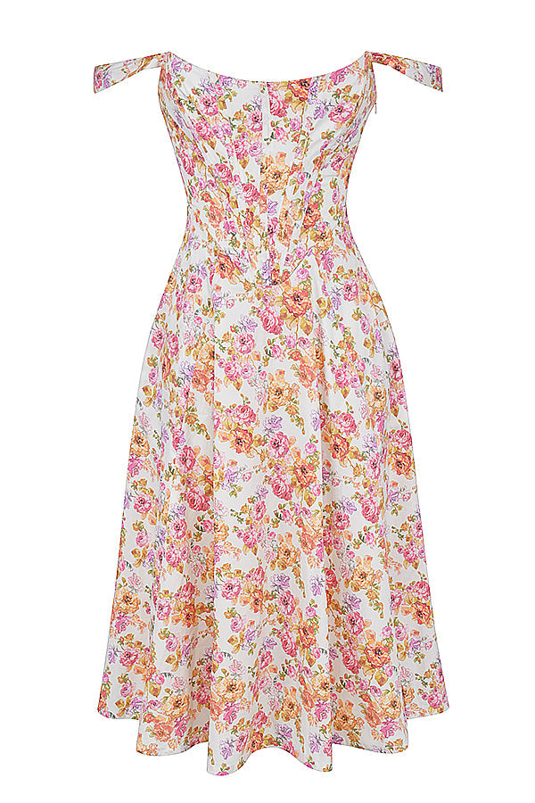 Women's midi dress made of viscose with floral pattern and V-neckline