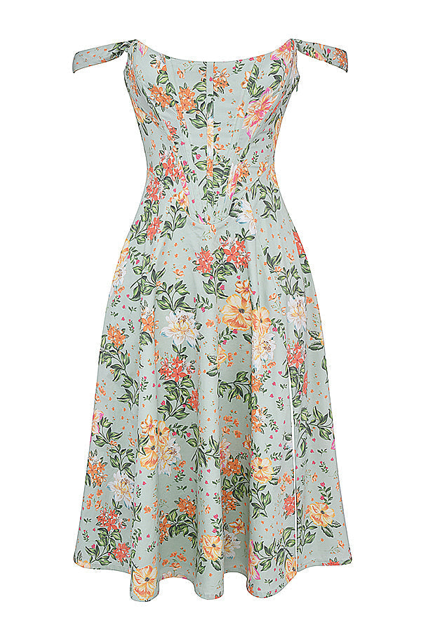 Women's midi dress made of viscose with floral pattern and V-neckline