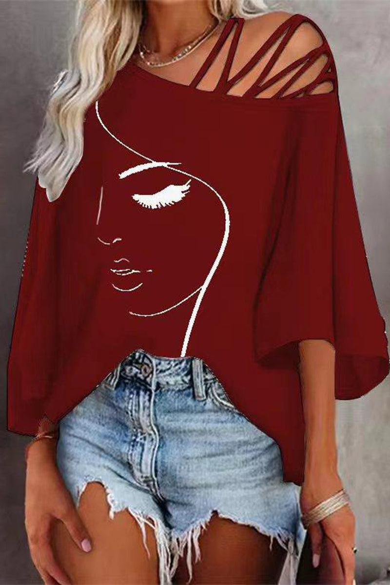 Damen Bedrucktes Oversized T-Shirt Mit Schrägem Kragen – Casual Lockeres Shirt