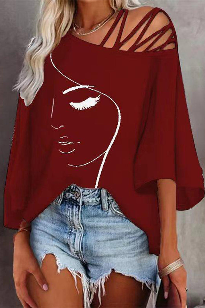 Damen Bedrucktes Oversized T-Shirt Mit Schrägem Kragen – Casual Lockeres Shirt