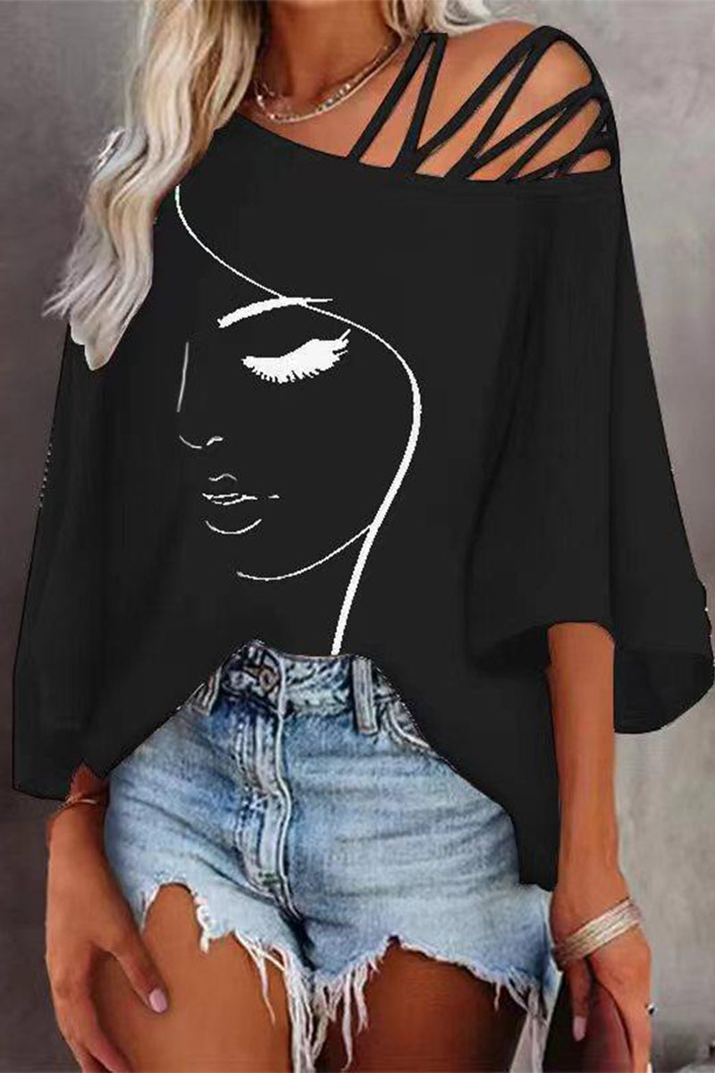 Damen Bedrucktes Oversized T-Shirt Mit Schrägem Kragen – Casual Lockeres Shirt