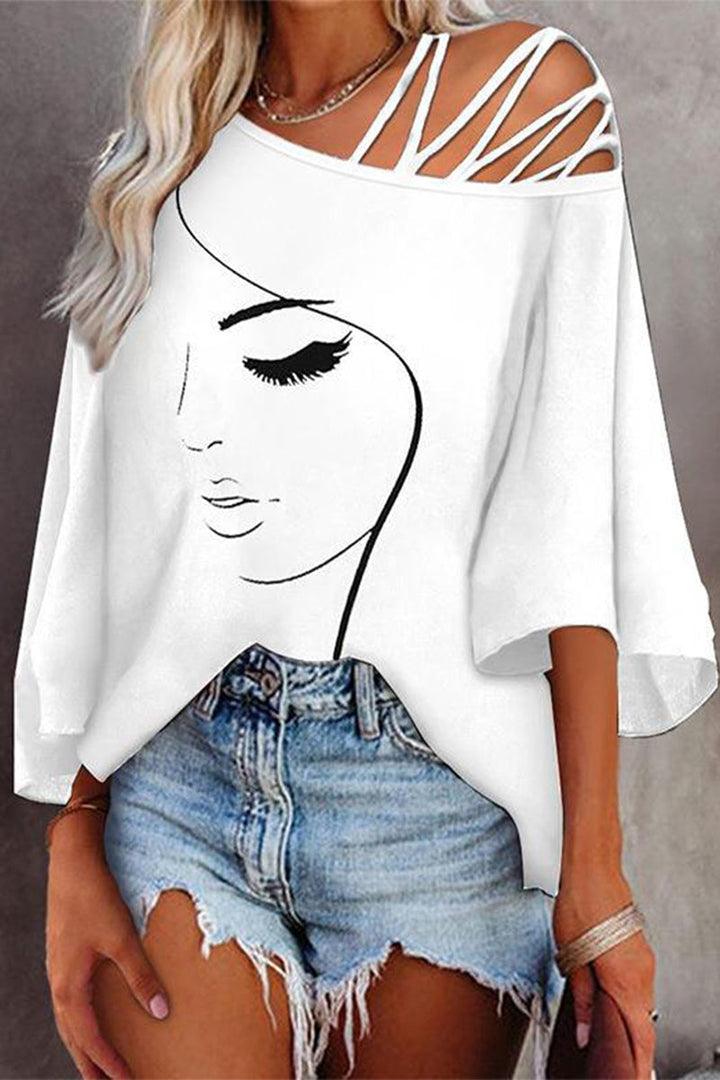 Damen Bedrucktes Oversized T-Shirt Mit Schrägem Kragen – Casual Lockeres Shirt