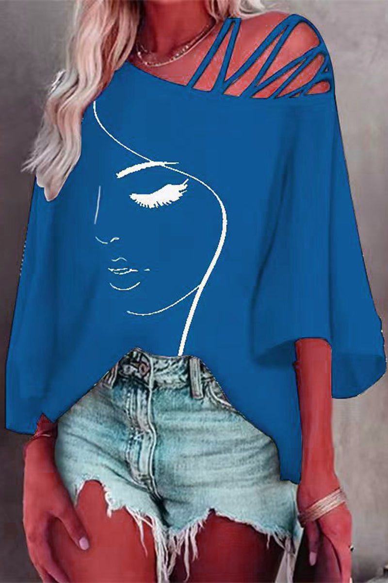 Damen Bedrucktes Oversized T-Shirt Mit Schrägem Kragen – Casual Lockeres Shirt