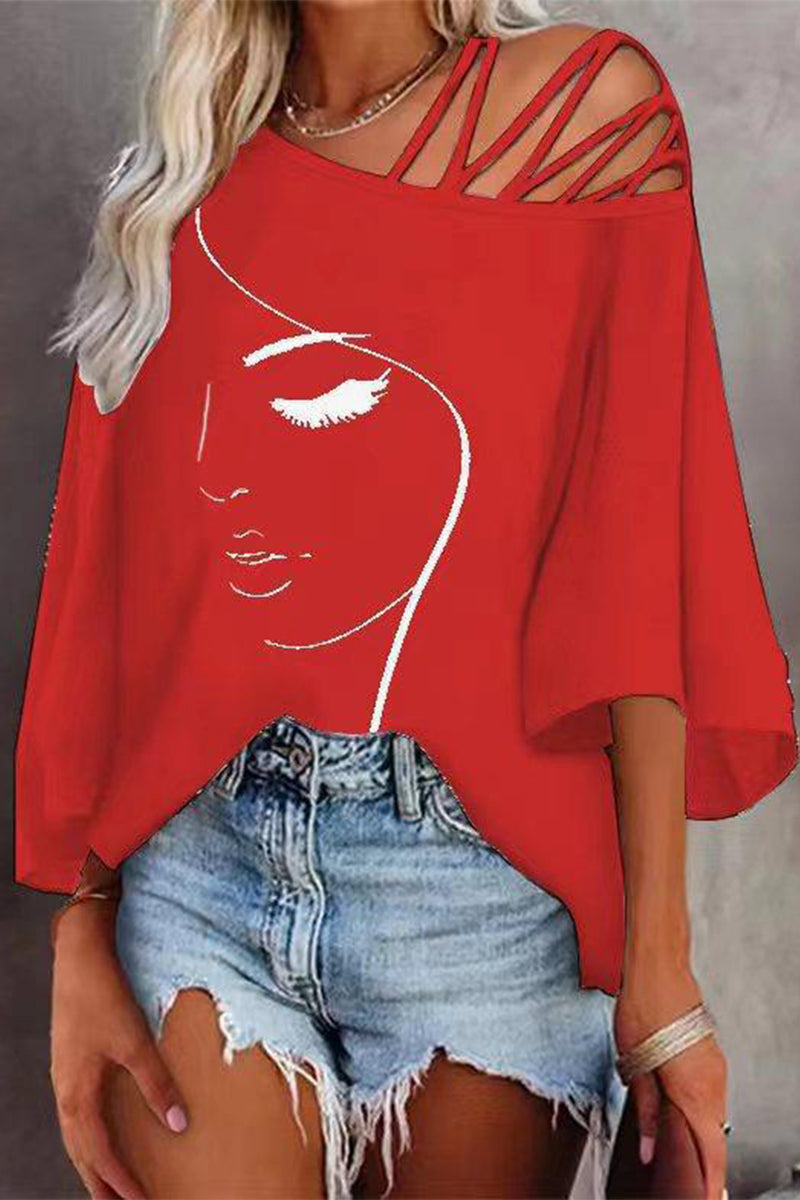 Damen Bedrucktes Oversized T-Shirt Mit Schrägem Kragen – Casual Lockeres Shirt