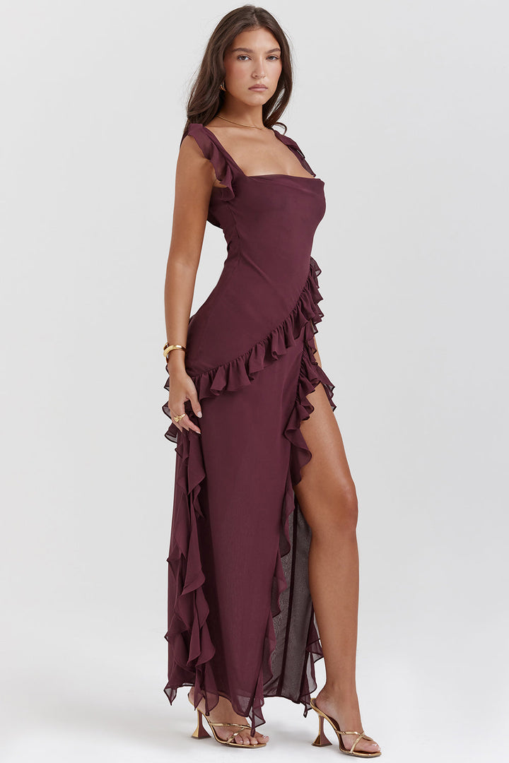 Elegant one-shoulder evening dress with ruffles and high slit