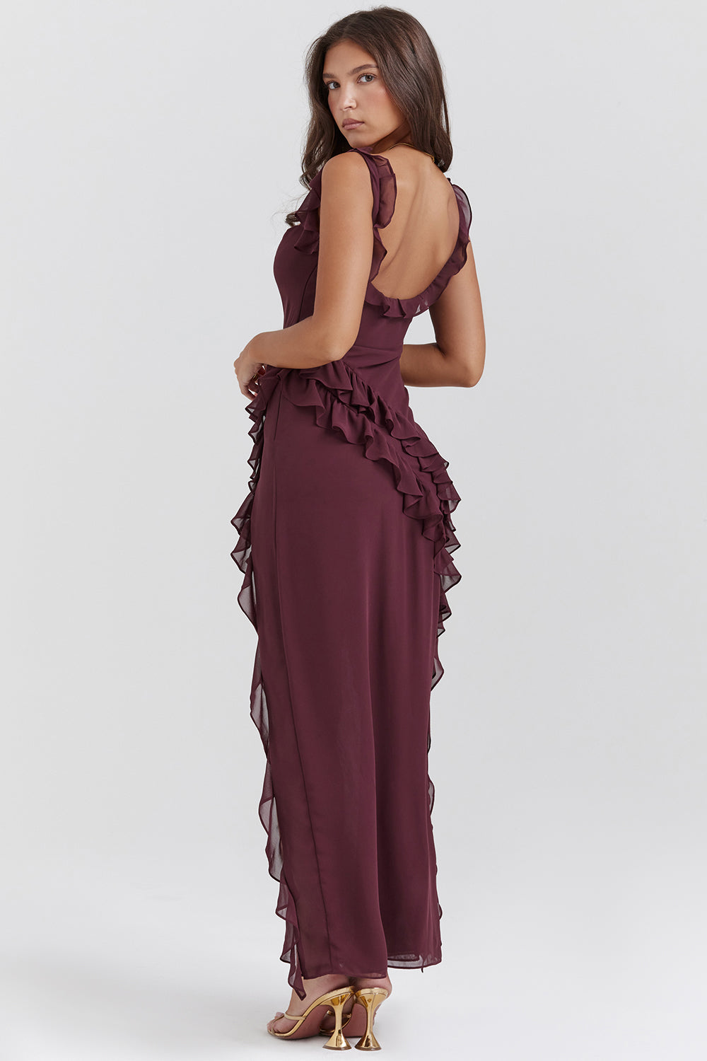 Elegant one-shoulder evening dress with ruffles and high slit