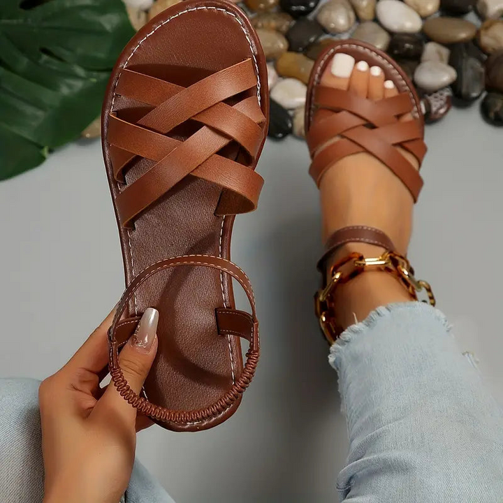 Women's Flat Leather Sandals with Cross Straps – Elegant Summer Comfort Shoes