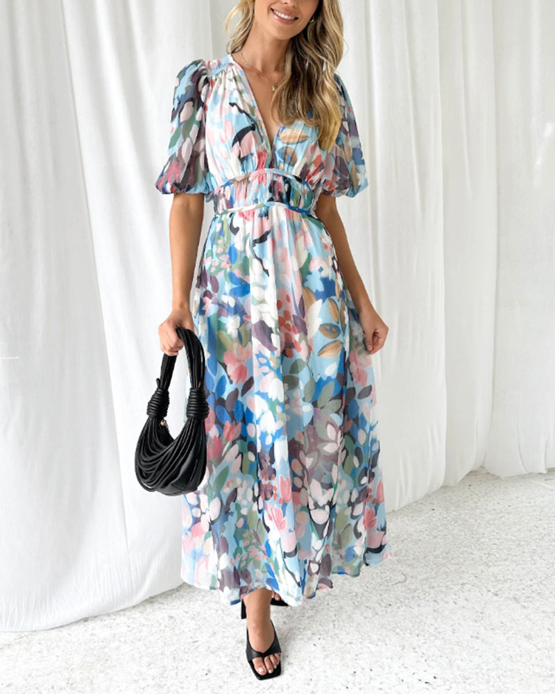 Women's maxi dress made of viscose with floral pattern and V-neckline