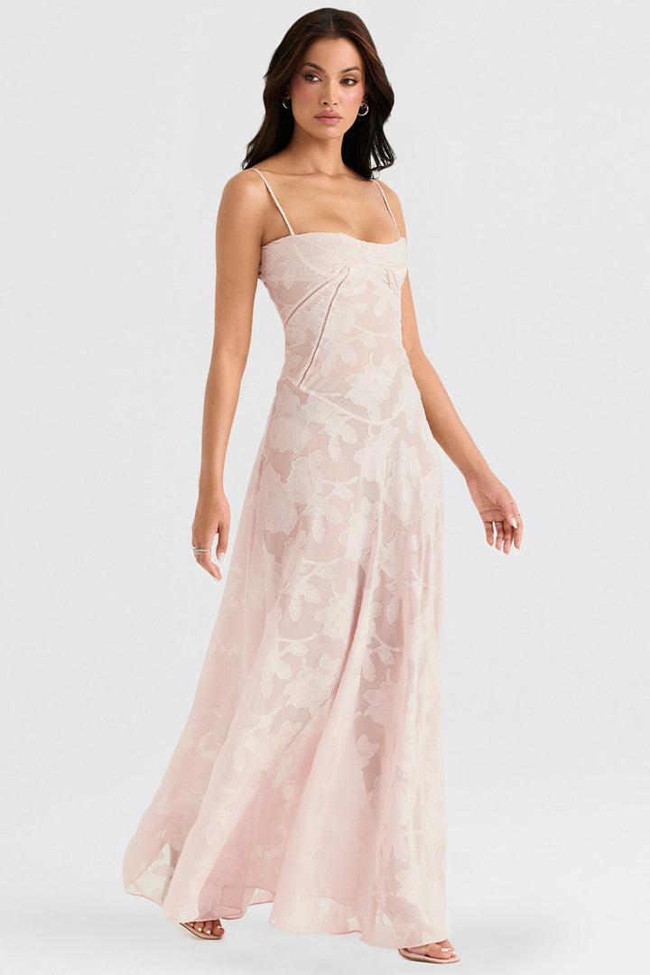 Elegant maxi dress with 3D roses & back cutout