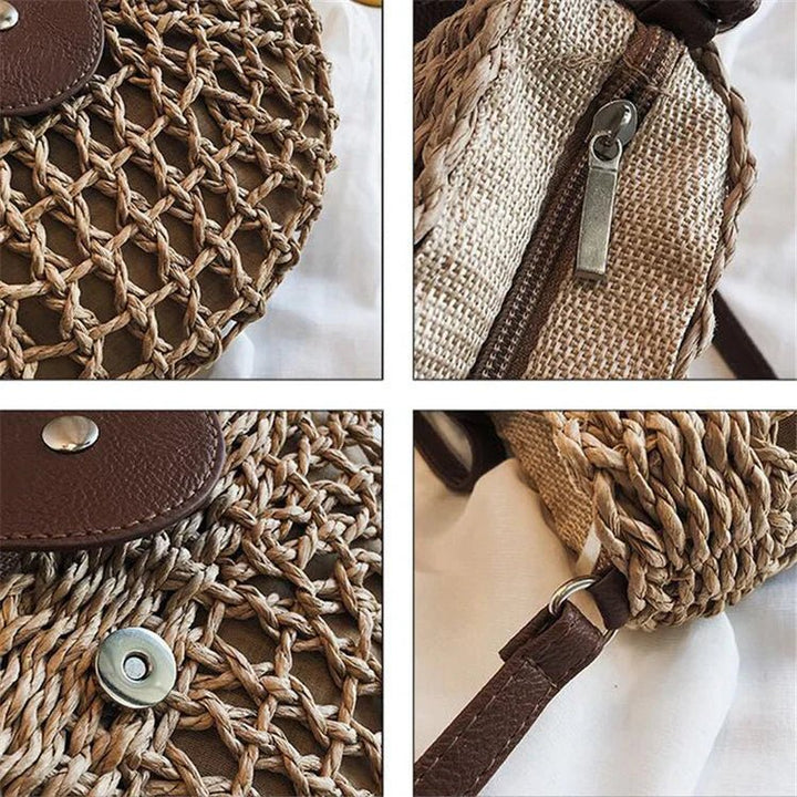 Sac en paille tressée – Poignée en cuir vegan, sac d'été