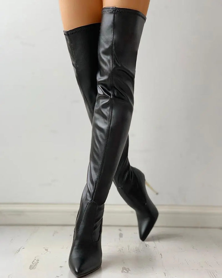 Damen-Overknee-Stiefel aus veganem Leder mit goldener Absatz und Reißverschluss