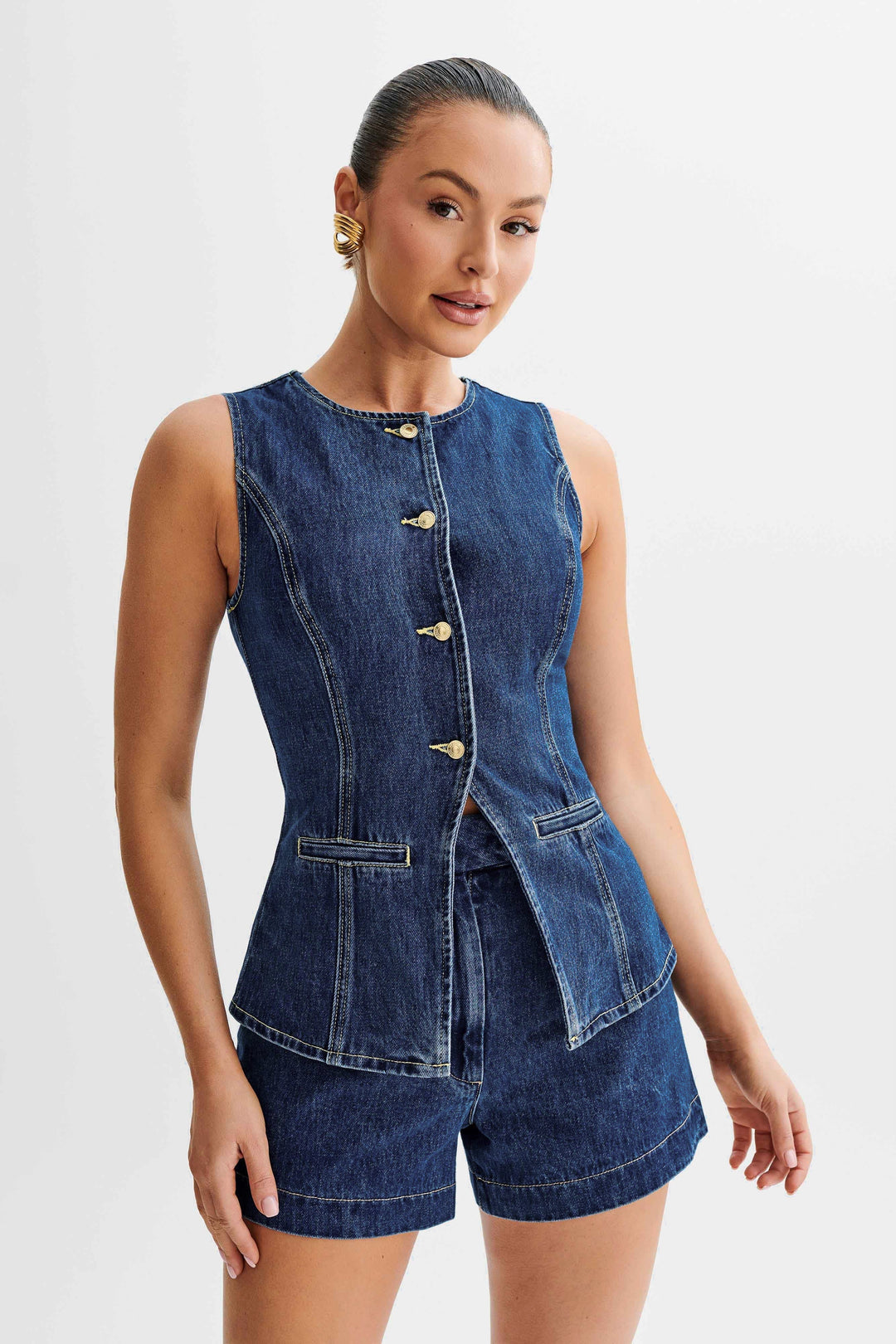 Dark blue women's denim shirt – long sleeve button-up blouse