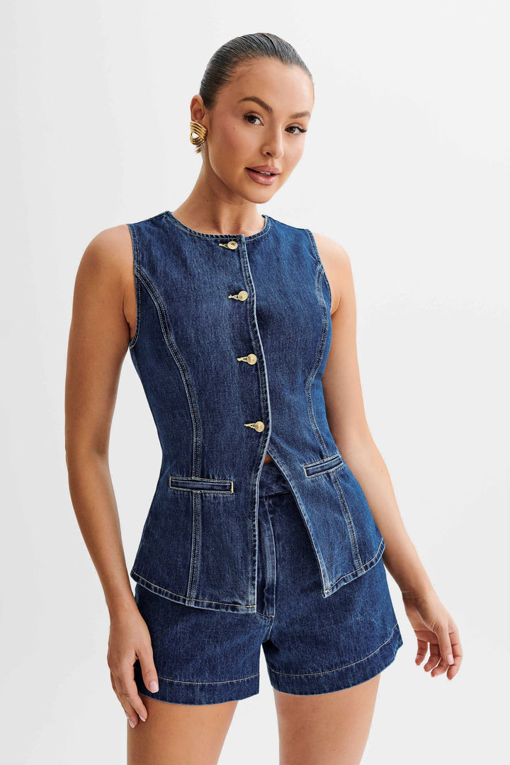 Dark blue women's denim shirt – long sleeve button-up blouse