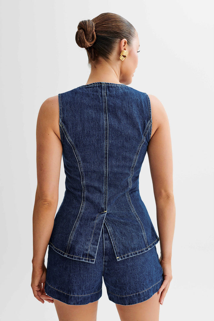 Dark blue women's denim shirt – long sleeve button-up blouse