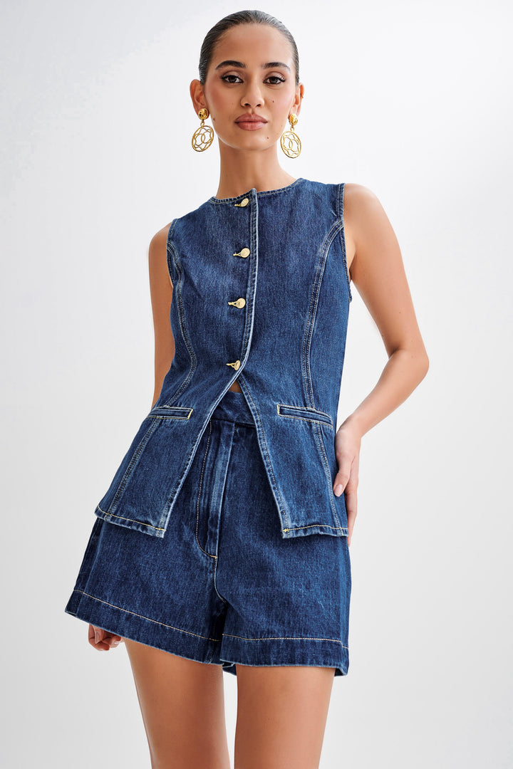 Dark blue women's denim shirt – long sleeve button-up blouse