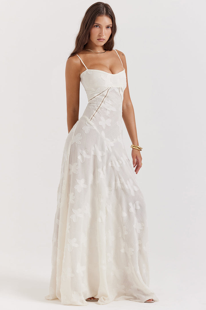 Elegant maxi dress with 3D roses & back cutout