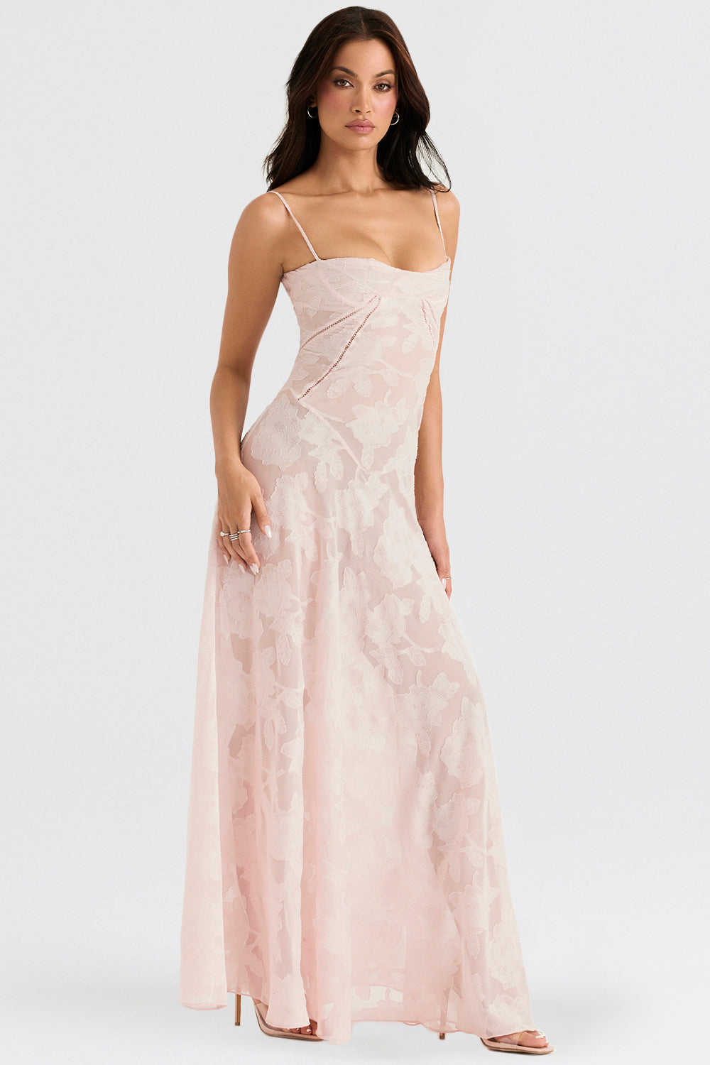 Elegant maxi dress with 3D roses & back cutout