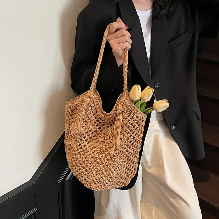Sac au crochet fait main – Grande sac de plage boho avec pompon