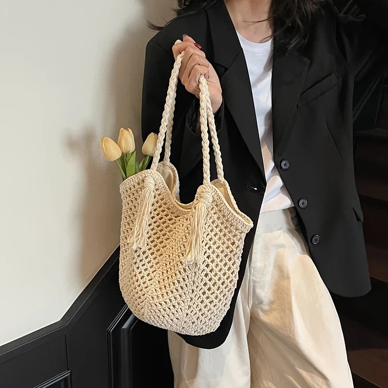 Sac au crochet fait main – Grande sac de plage boho avec pompon