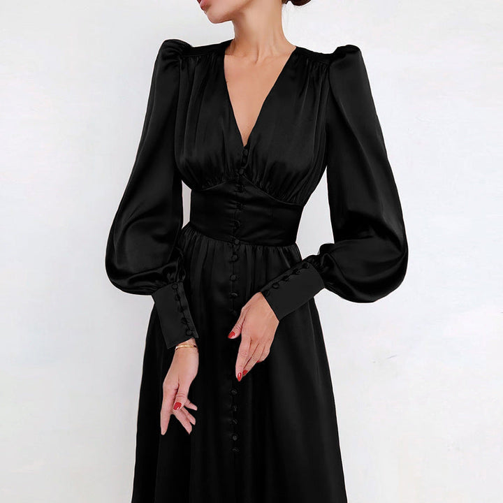 Fitted satin dress with balloon sleeves – Elegant evening dress