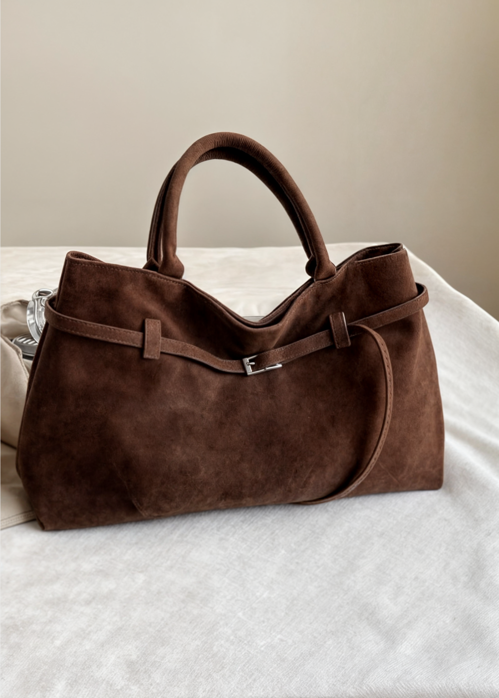 Vegane Wildleder Handtasche Damen – Große Schultertasche mit Reißverschluss