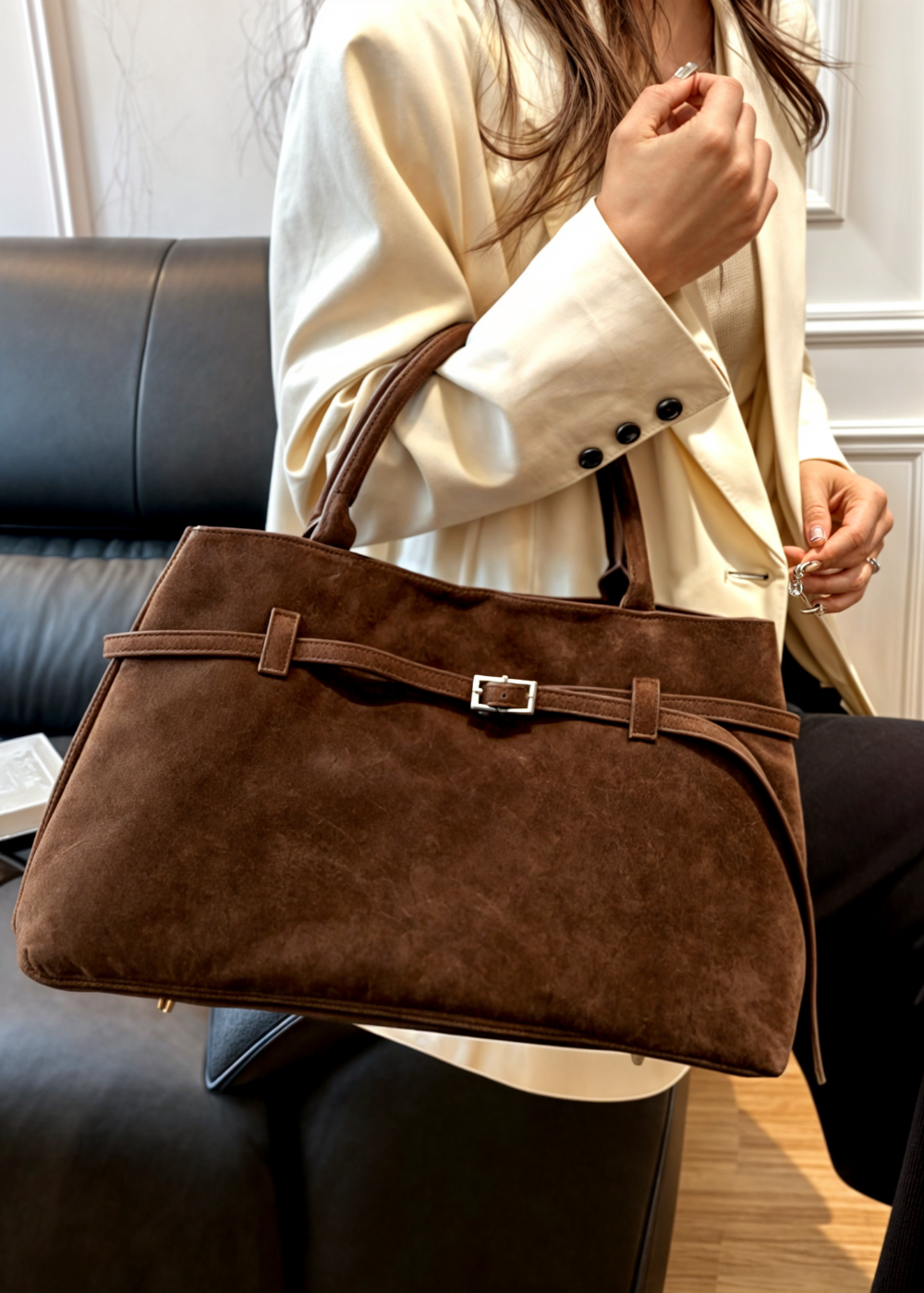 Vegane Wildleder Handtasche Damen – Große Schultertasche mit Reißverschluss