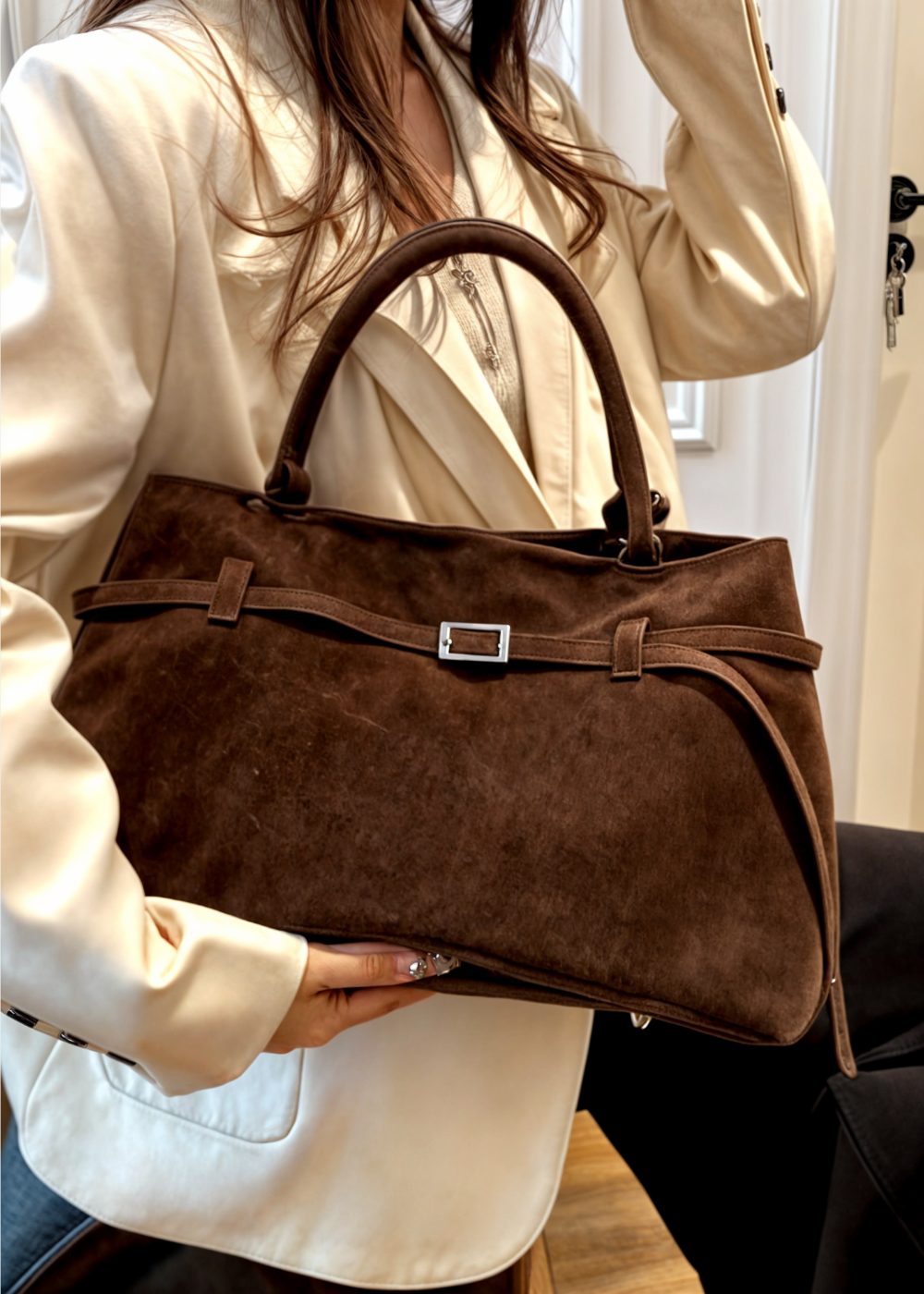 Vegane Wildleder Handtasche Damen – Große Schultertasche mit Reißverschluss