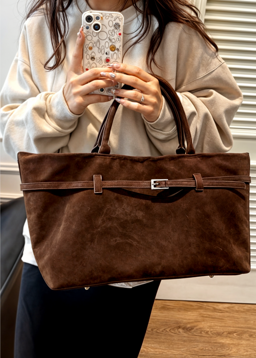 Vegane Wildleder Handtasche Damen – Große Schultertasche mit Reißverschluss