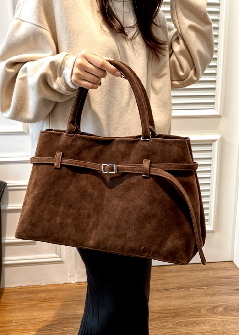 Vegane Wildleder Handtasche Damen – Große Schultertasche mit Reißverschluss