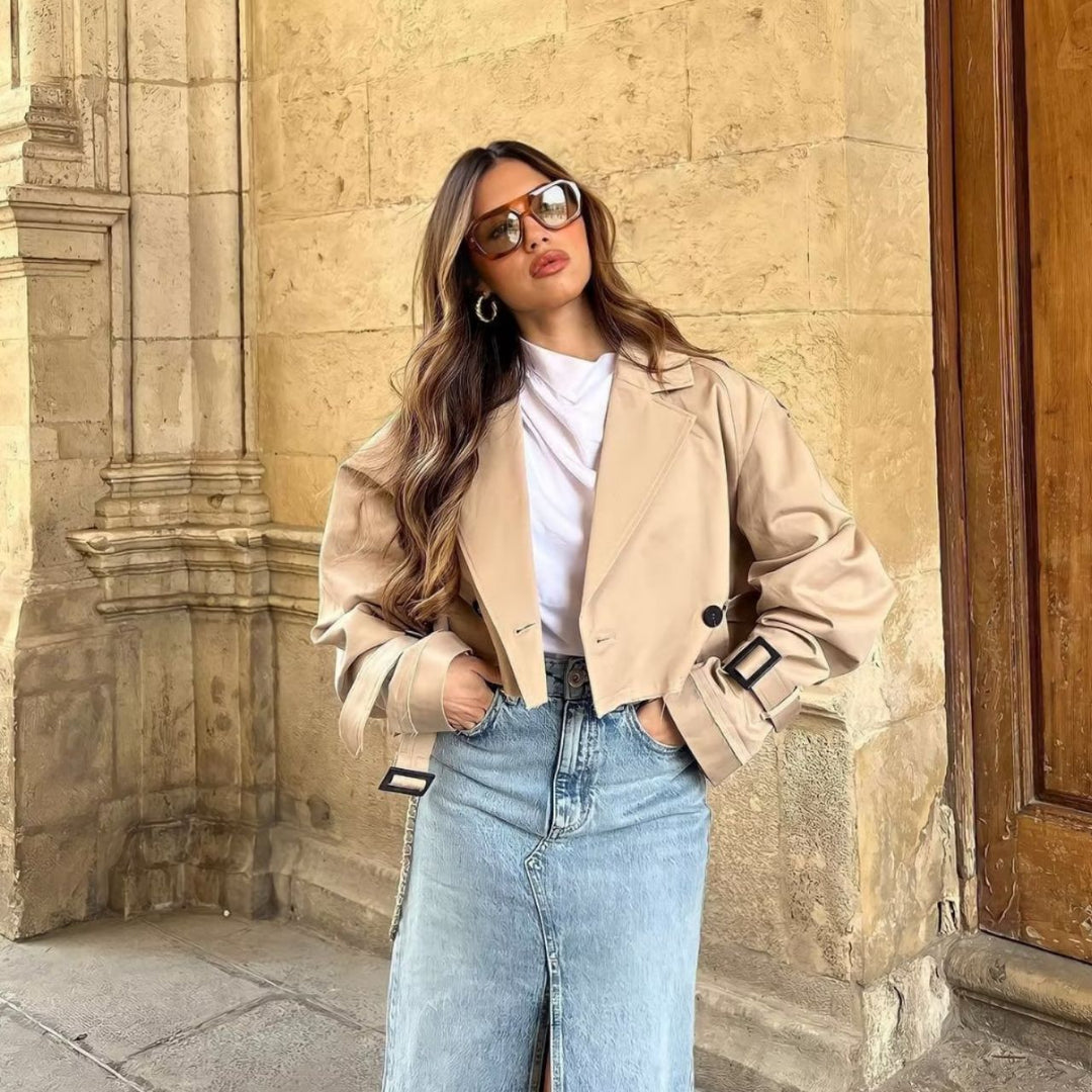 Short women's trench coat made of vegan leather