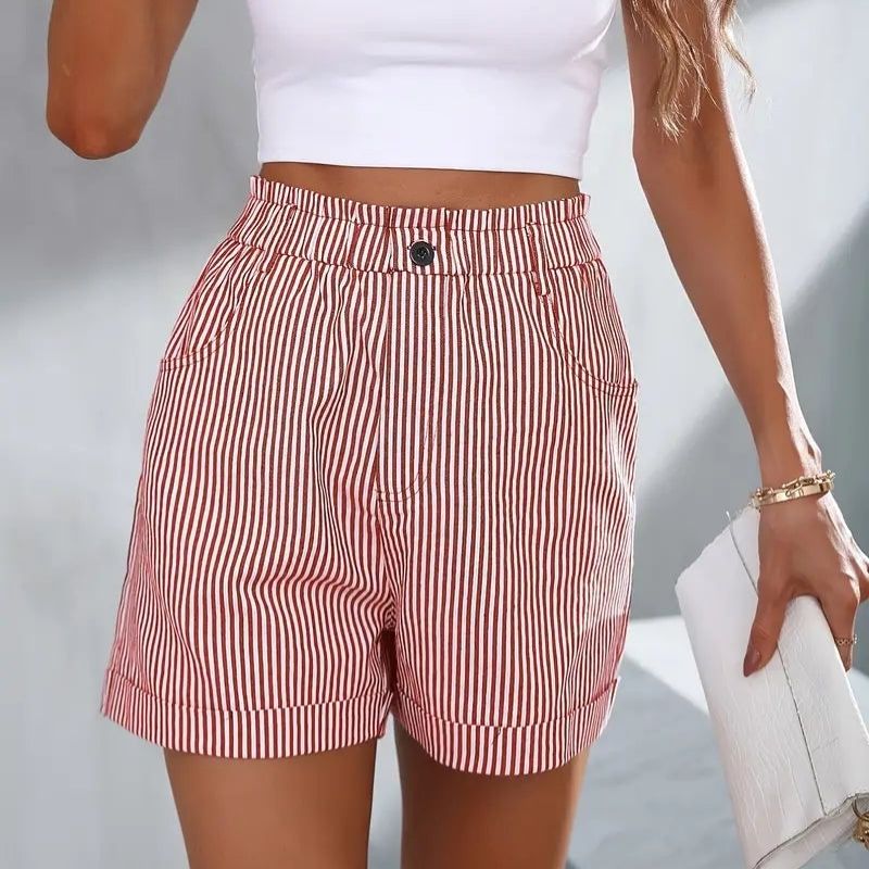 Short d'été à taille haute rayé avec poches – Léger & Élégant