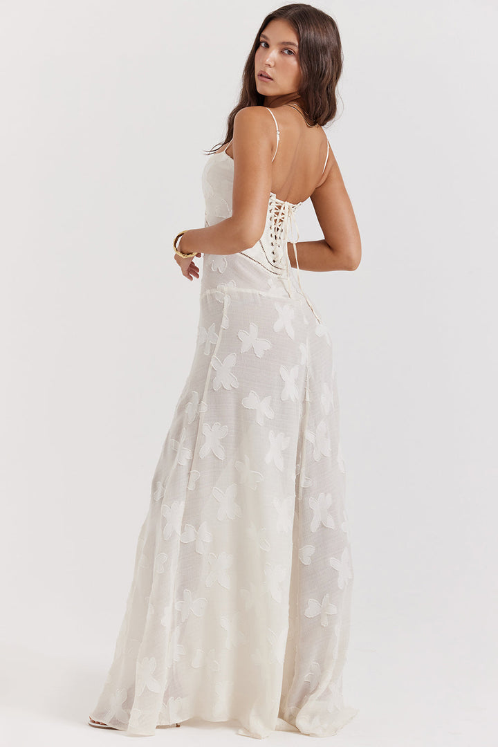 Elegant maxi dress with 3D roses & back cutout