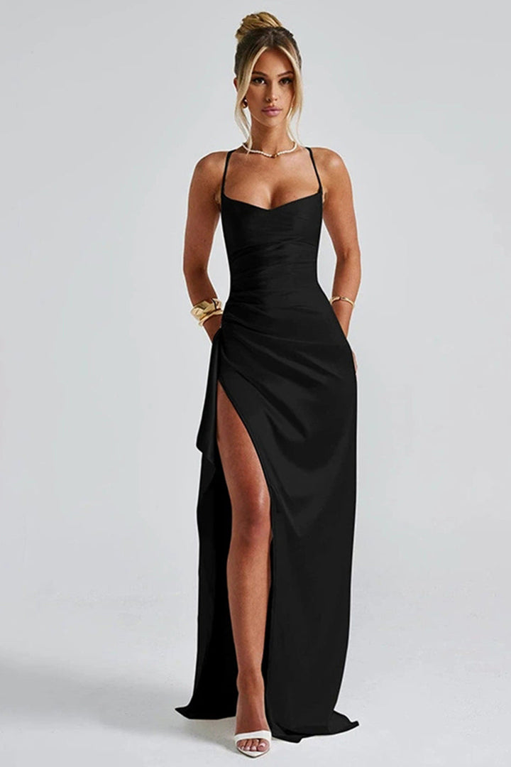 Women's satin dress with V-neck and long sleeves – Elegant for evening & occasion