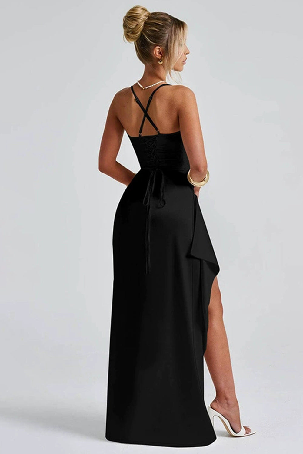 Women's satin dress with V-neck and long sleeves – Elegant for evening & occasion