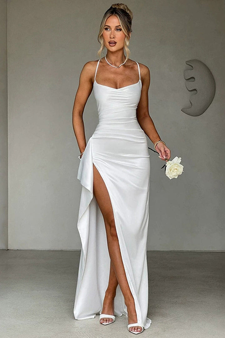 Women's satin dress with V-neck and long sleeves – Elegant for evening & occasion