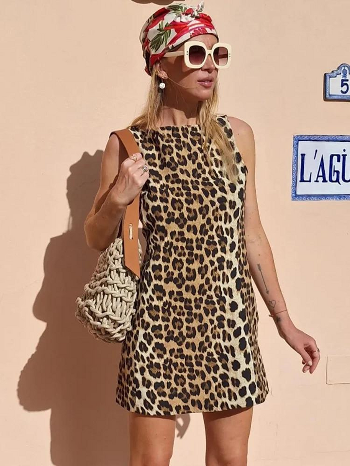Leopard print mini dress – sleeveless, stretch, high collar