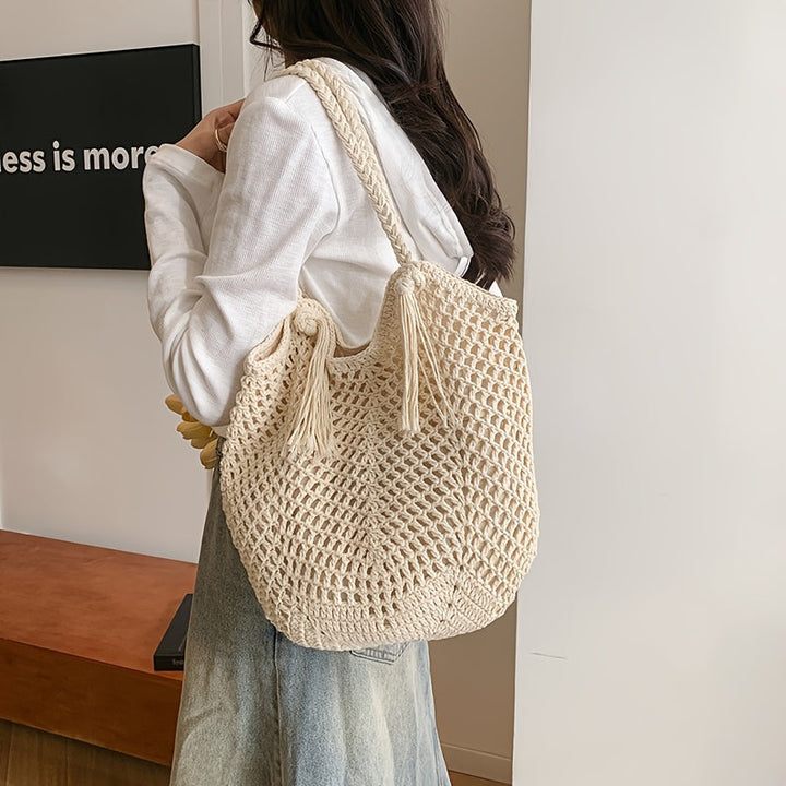 Sac au crochet fait main – Grande sac de plage boho avec pompon