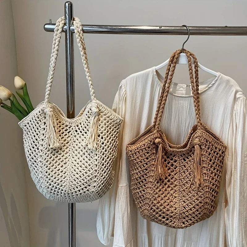 Sac au crochet fait main – Grande sac de plage boho avec pompon