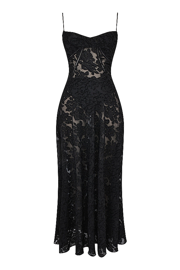 Elegant maxi dress with 3D roses & back cutout