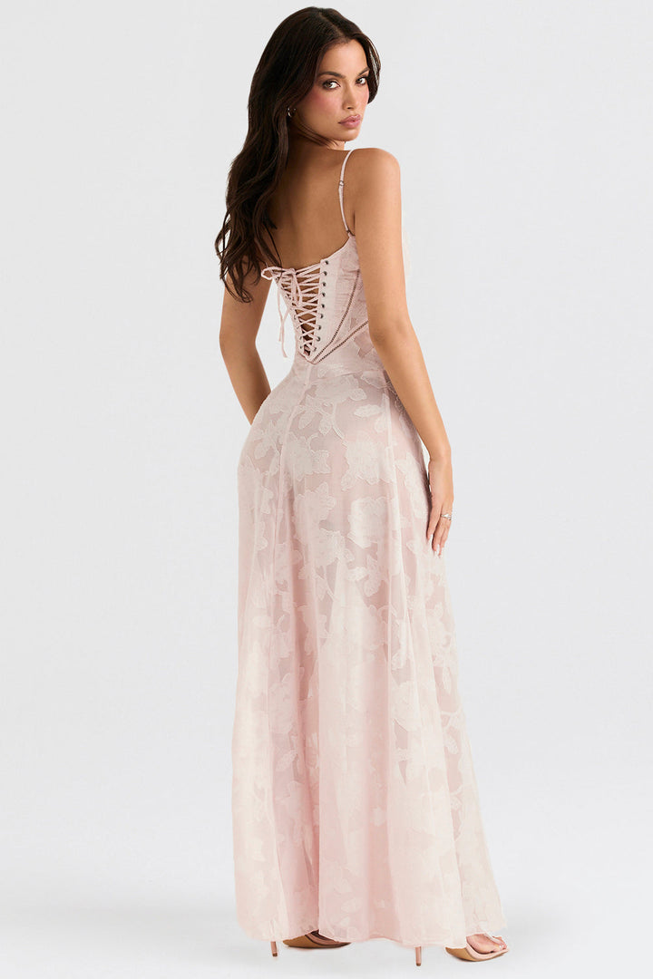 Elegant maxi dress with 3D roses & back cutout