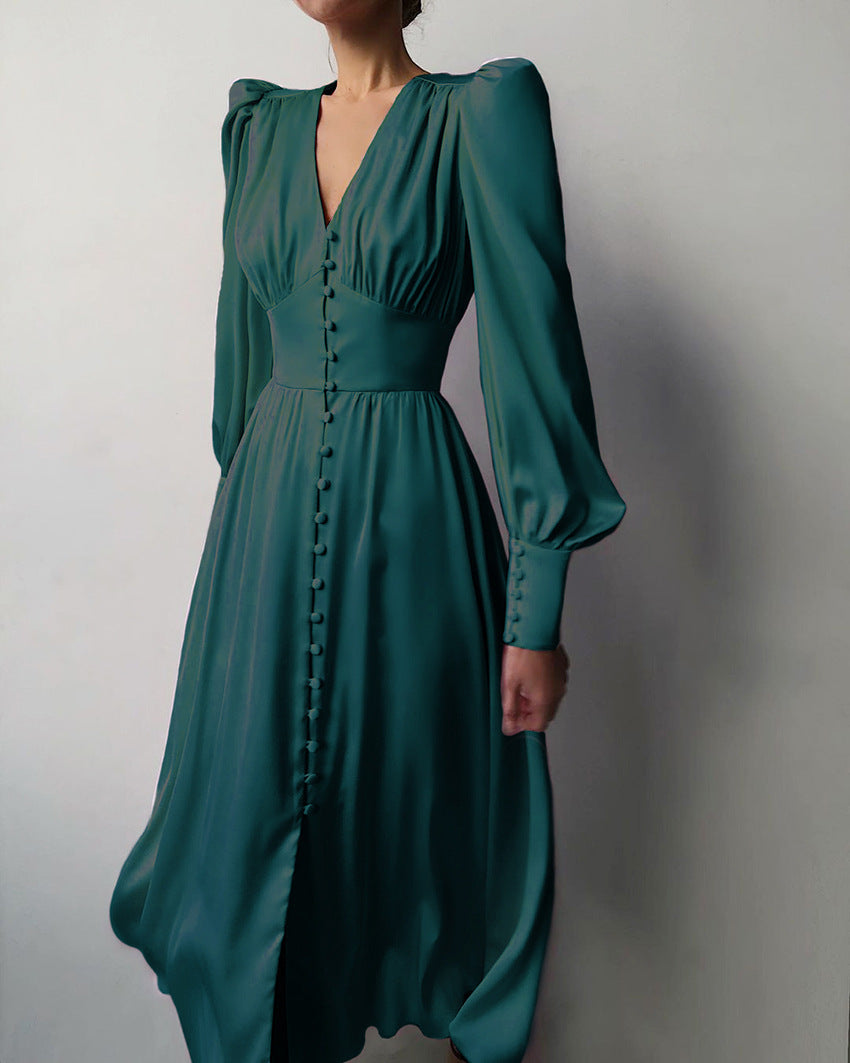 Fitted satin dress with balloon sleeves – Elegant evening dress