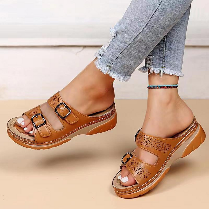 Damen Offene Leder Sandalen Mit Schnallen – Orthopädische Komfort Sommerschuhe