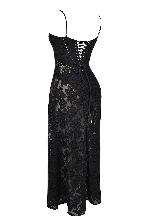 Elegant maxi dress with 3D roses & back cutout