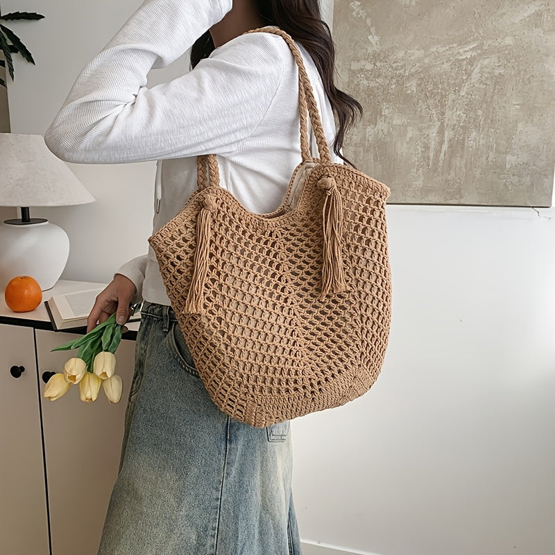 Sac au crochet fait main – Grande sac de plage boho avec pompon