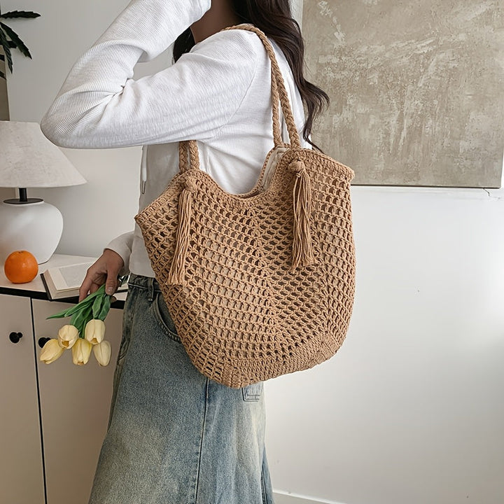 Sac au crochet fait main – Grande sac de plage boho avec pompon