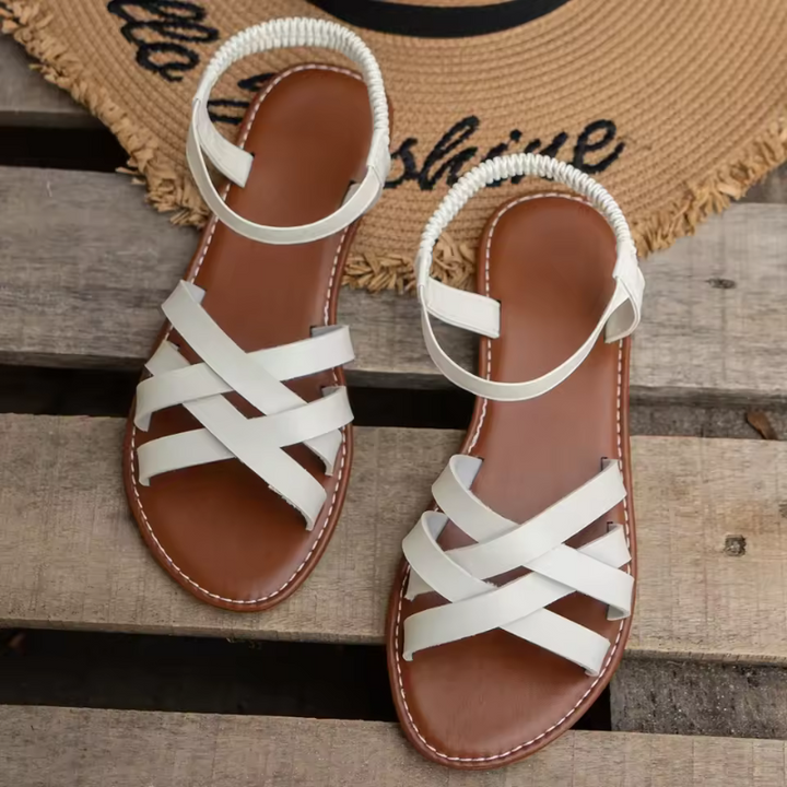 Women's Flat Leather Sandals with Cross Straps – Elegant Summer Comfort Shoes