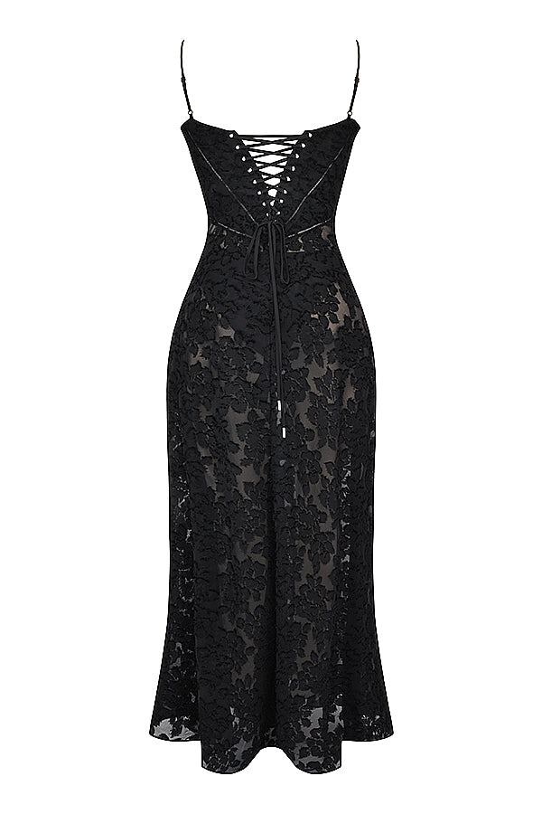 Elegant maxi dress with 3D roses & back cutout