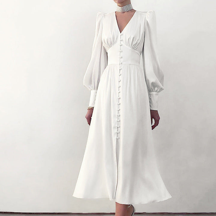 Fitted satin dress with balloon sleeves – Elegant evening dress