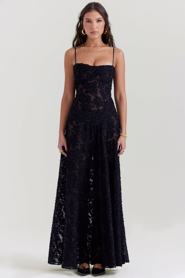 Elegant maxi dress with 3D roses & back cutout