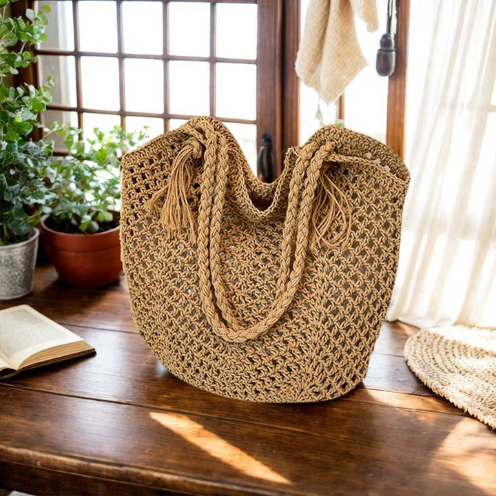 Sac au crochet fait main – Grande sac de plage boho avec pompon
